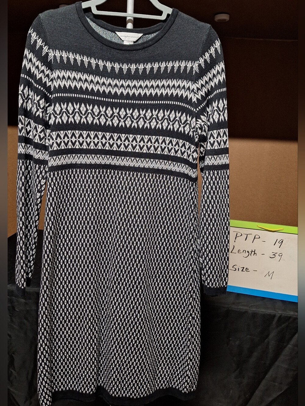 Christopher & Banks Fair Isle Knit Long Sleeve Sweater Dress Black White Size M